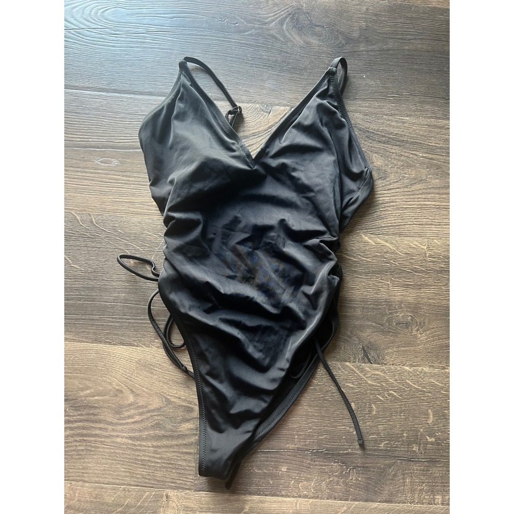 Shade & Shore Womens Black One Piece Swimsuit Ruched Side Tie V-Neck Size L